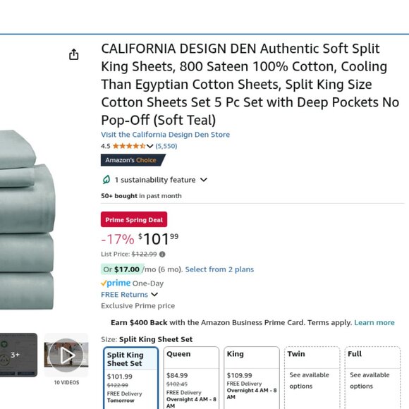 CALIFORNIA DESIGN DEN Authentic Soft Split King Sheets, 800 Sateen 100% Cotton - Picture 1 of 1